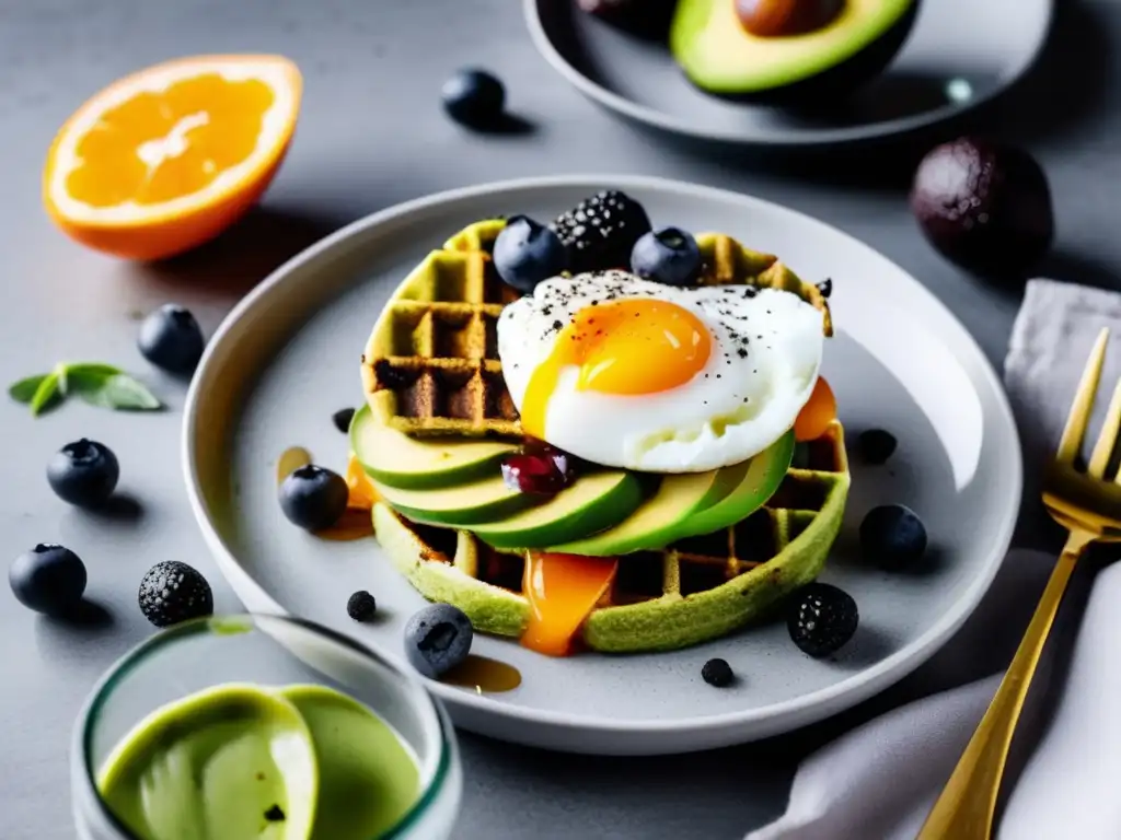 Un desayuno cetogénico energético y delicioso: pochado, aguacate, gofre de almendra, yogur de coco, compota y jugo de naranja.