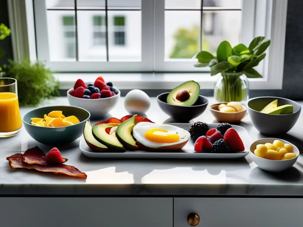 Un desayuno cetogénico energético y delicioso en una elegante encimera de mármol, bañado por suave luz matutina.