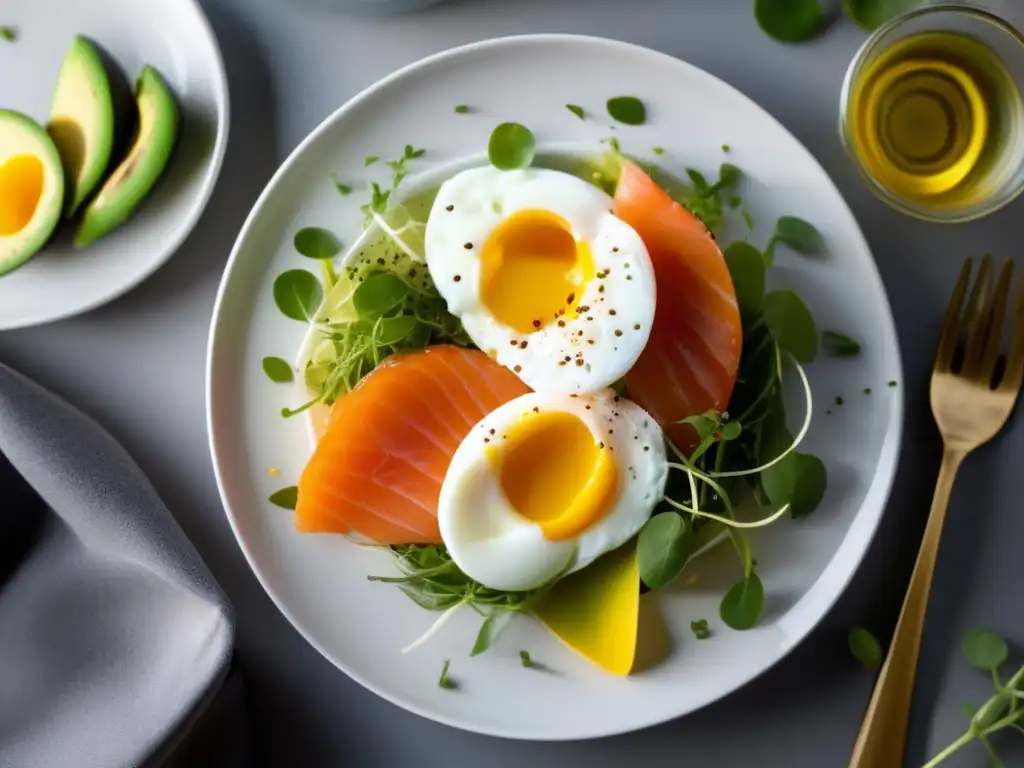 Un desayuno cetogénico energético y delicioso: aguacate, huevos pochados, salmón ahumado y microgreens en un plato blanco. La luz matutina realza los vibrantes colores y la exquisita presentación.