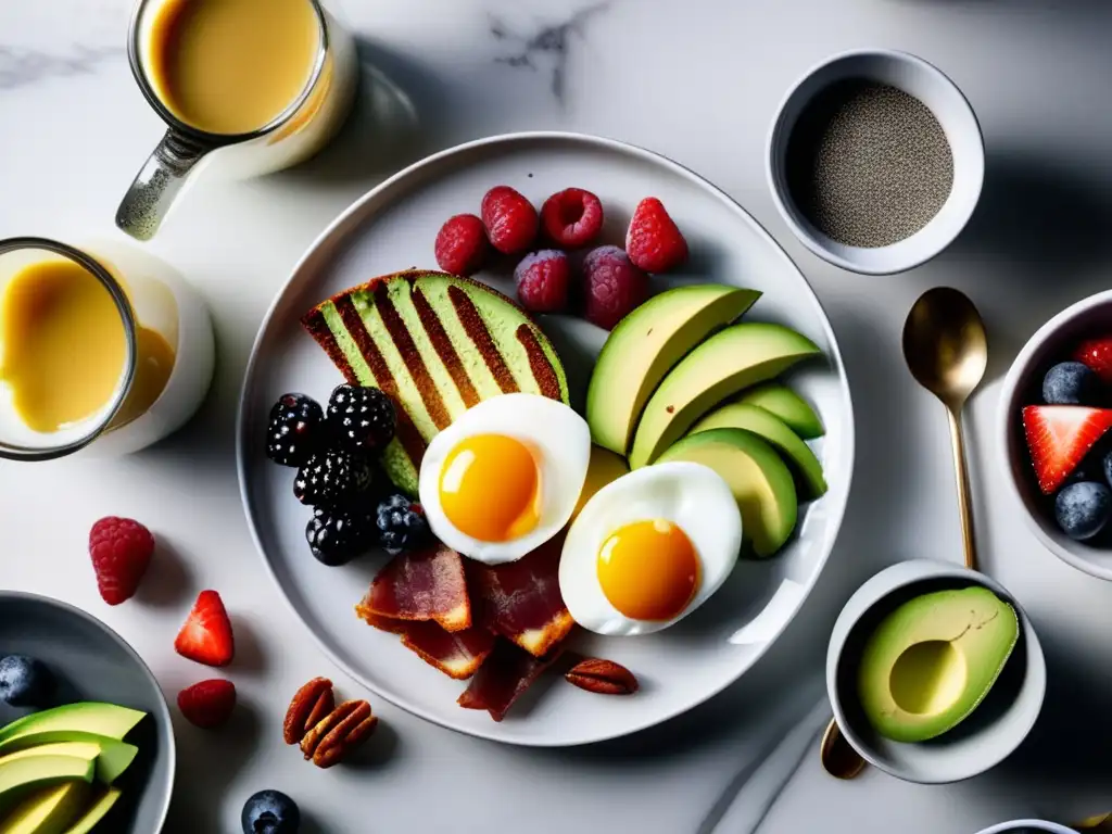 Un desayuno cetogénico energético se muestra en una elegante presentación sobre una mesa de mármol blanco, con ingredientes frescos y vibrantes.