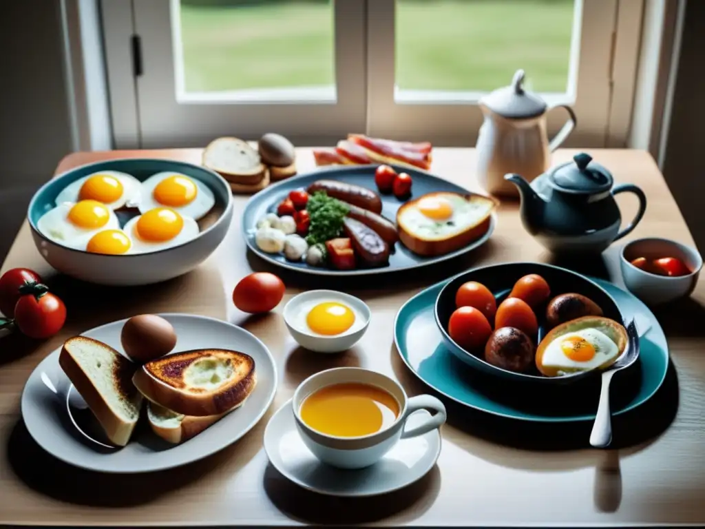 Un desayuno keto al estilo británico en una mesa elegante con una composición sofisticada y acogedora.