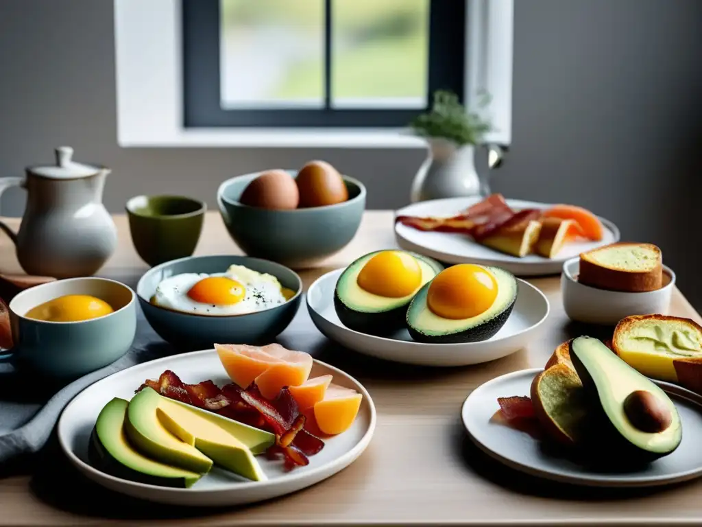 Un desayuno keto al estilo británico con una presentación artística en mesa moderna y minimalista, bañado por la luz natural.