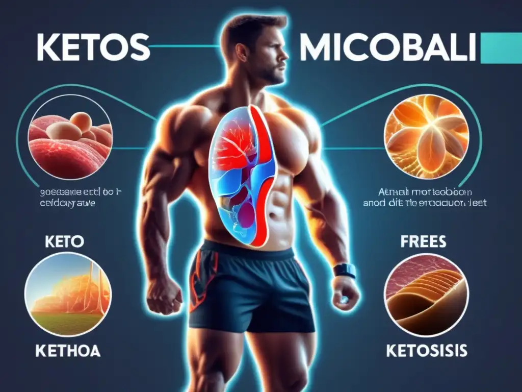 Ilustración detallada del cuerpo de un atleta con procesos metabólicos internos durante la dieta cetogénica. Destaca la utilización de antioxidantes en la reducción del estrés oxidativo.