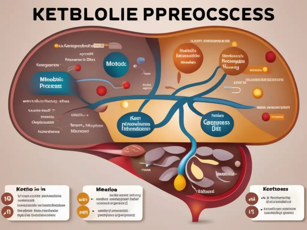 Ilustración detallada del hígado mostrando las adaptaciones hepáticas a la dieta cetogénica, con enfoque en procesos metabólicos y cambios celulares.