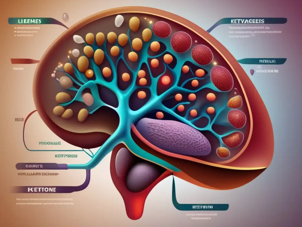 Ilustración detallada del hígado humano, mostrando el mecanismo de cetogénesis en dieta con colores vibrantes y precisión molecular.