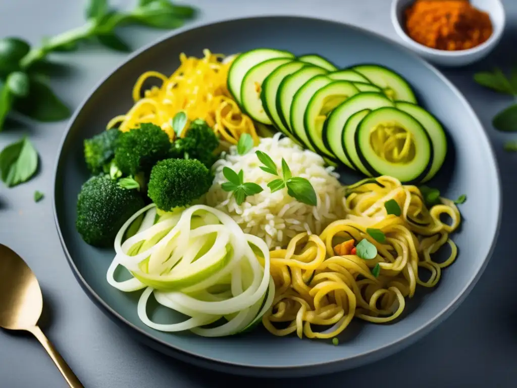 Una detallada imagen 8K de vibrantes sustitutos de arroz y pasta en una dieta cetogénica, resaltando texturas y colores naturales.