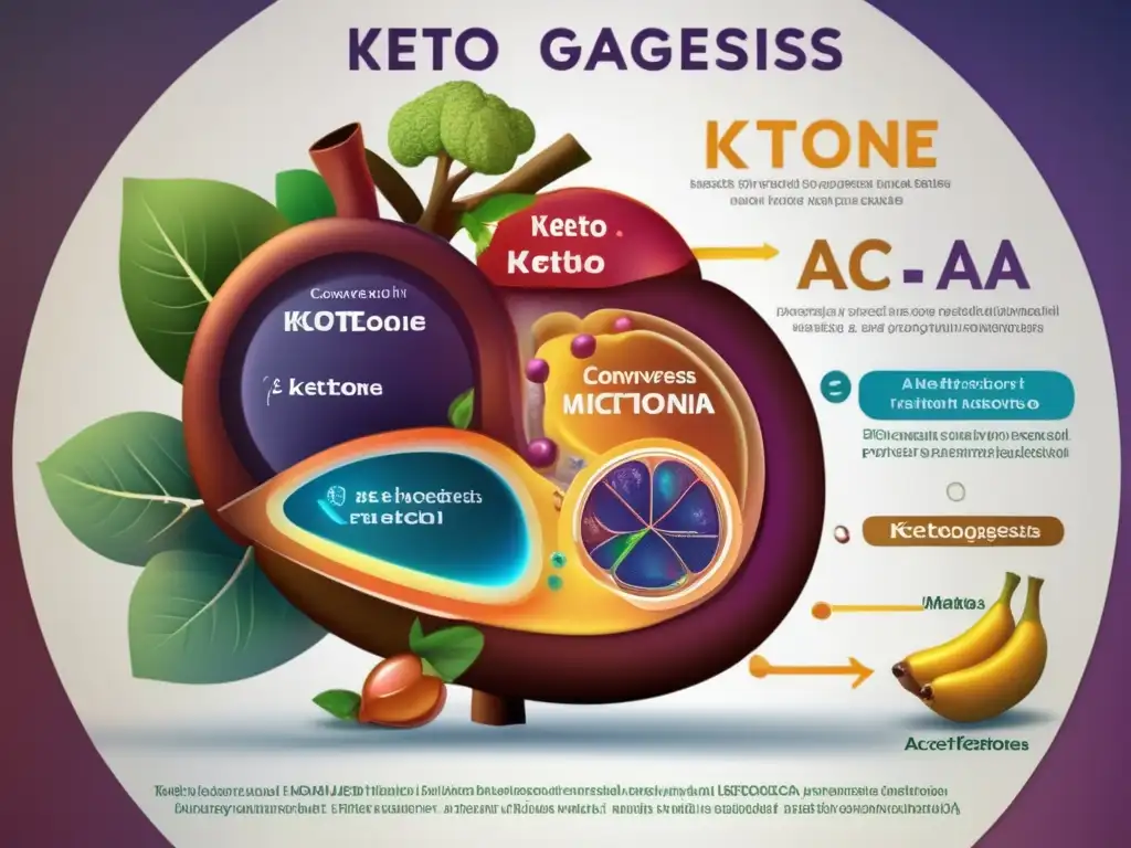 Ilustración detallada del proceso metabólico de cetogénesis en dieta, mostrando la conversión de ácidos grasos en cuerpos cetónicos en las mitocondrias del hígado.