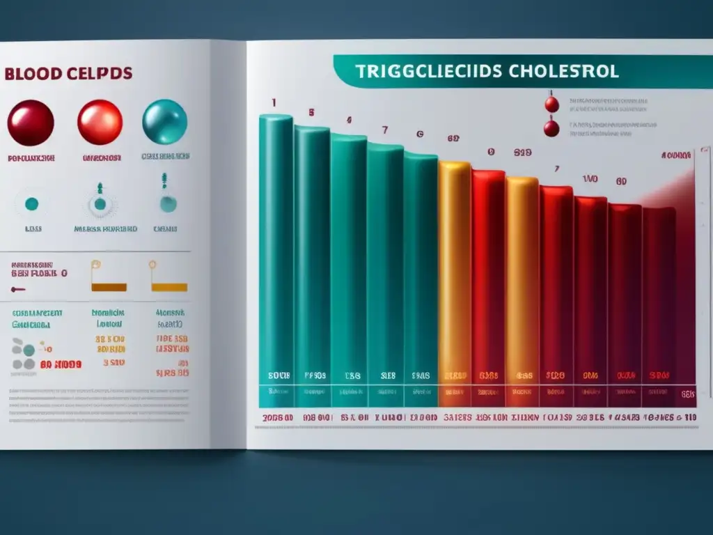 Un detallado informe en 8k muestra niveles de triglicéridos y colesterol, con un diseño moderno que transmite precisión científica y relevancia educativa. Los colores sutiles y la composición reflejan autoridad en los efectos de la dieta cetogénica en perfiles lipídicos.