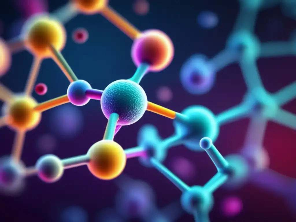 Un detallado y vibrante close-up de la estructura molecular, resaltando la compleja regulación hormonal en cetosis.