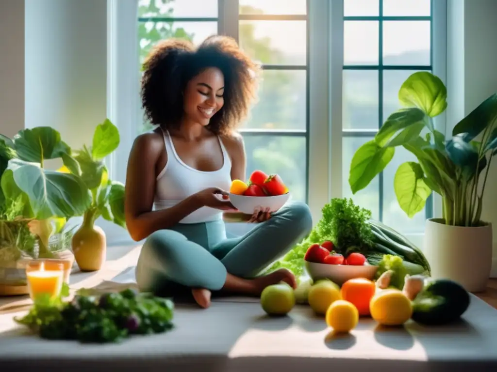 Preparación mindfulness en dieta cetogénica: persona en habitación luminosa rodeada de plantas, preparando frutas y verduras frescas.