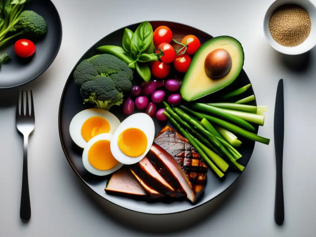 Una elegante comida cetogénica en una moderna mesa de madera oscura. Fundamentos científicos recetas cetogénicas