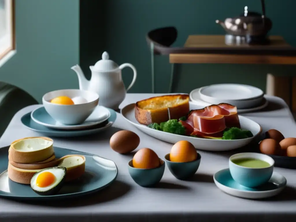 Un elegante desayuno keto al estilo británico se extiende en una mesa bien puesta, bañada por la cálida luz natural.