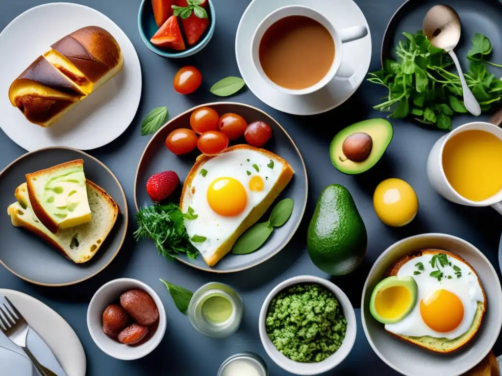 Un elegante desayuno keto al estilo británico, con una variedad de deliciosos platillos y una presentación exquisita.