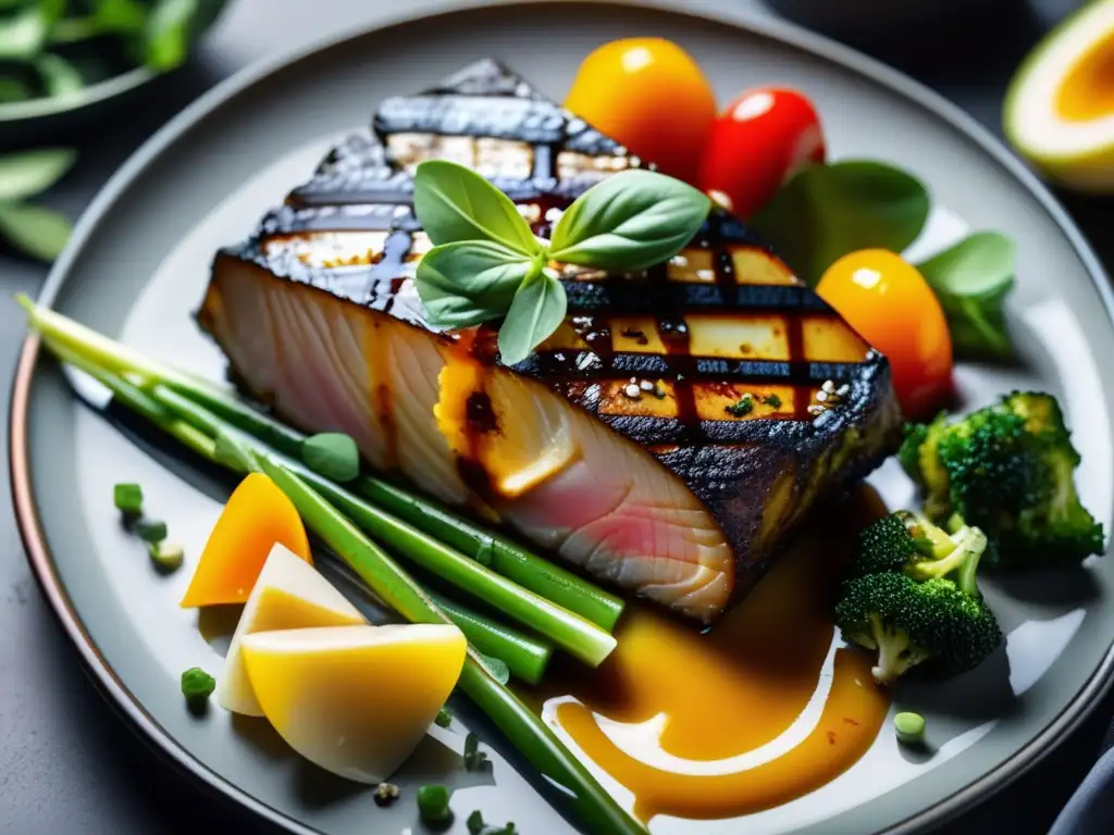 Una elegante y detallada organización alimentación cetogénica en un plato moderno con vibrantes ingredientes y una presentación artística.