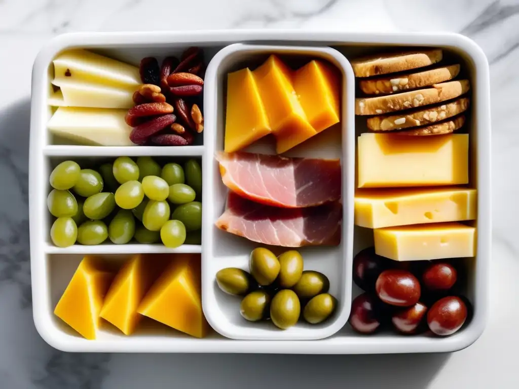 Un elegante kit de snacks cetogénicos para viajes en mármol blanco, iluminado por luz natural, con una presentación vibrante y minimalista.