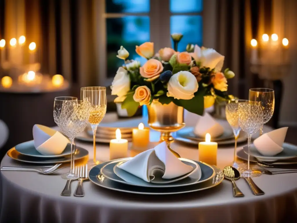 Una elegante mesa de evento social con exquisitos detalles, cristalería y flores, ideal para consejos dieta cetogénica eventos sociales.