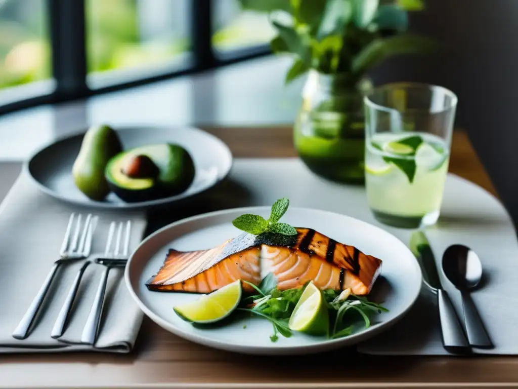 Un elegante y moderno montaje de mesa de restaurante con opciones cetogénicas en un ambiente acogedor y cálido.