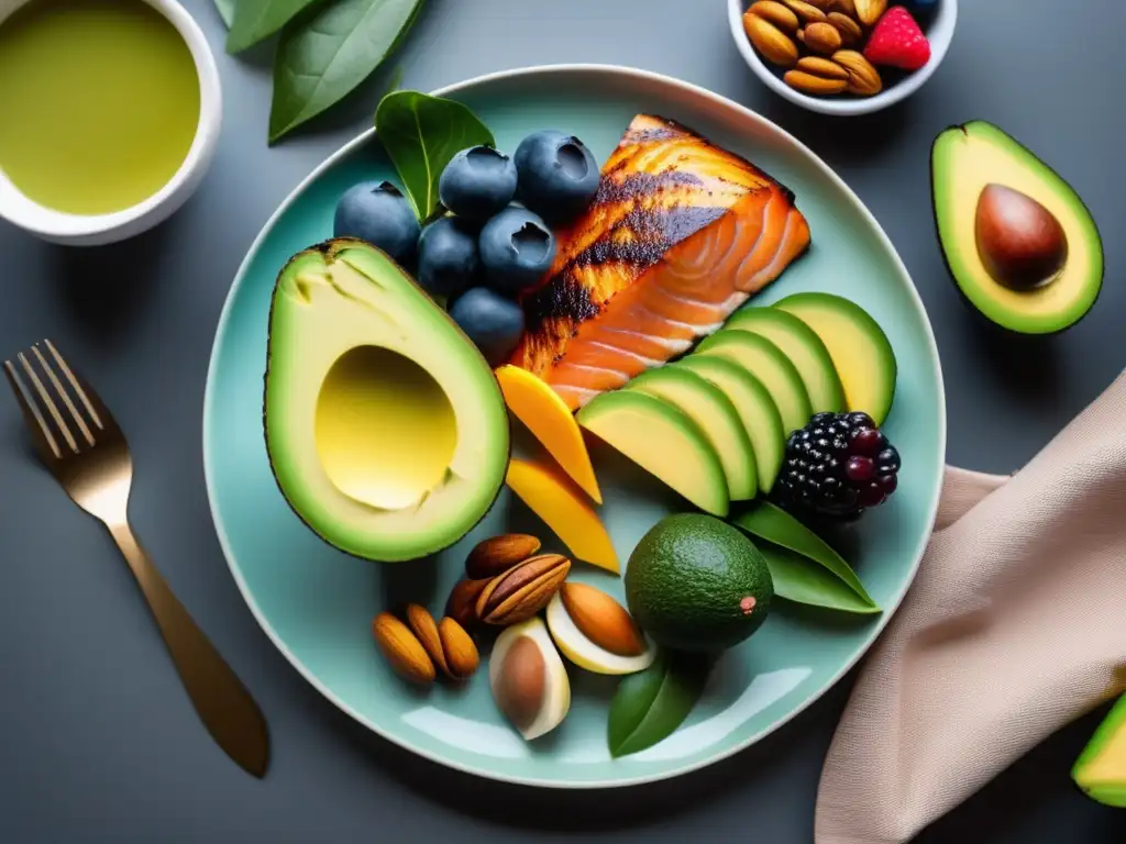 Una elegante presentación de alimentos variados para la dieta cetogénica para gestionar ADHD, con colores y texturas vibrantes.