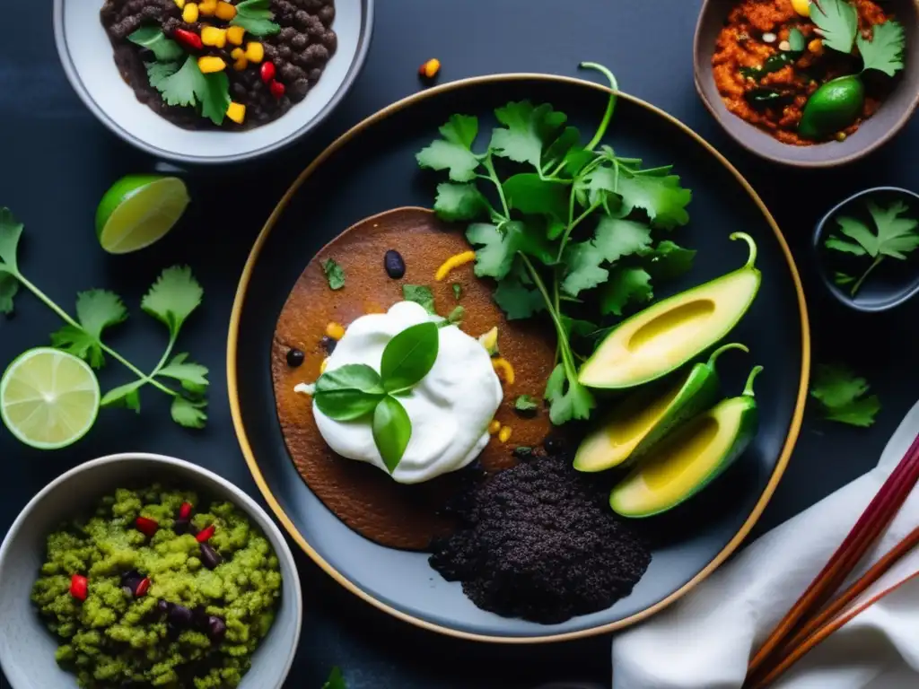 Una elegante presentación de platillos mexicanos adaptados a cetogénica, con colores vibrantes y detalles intrincados, sobre una mesa minimalista.