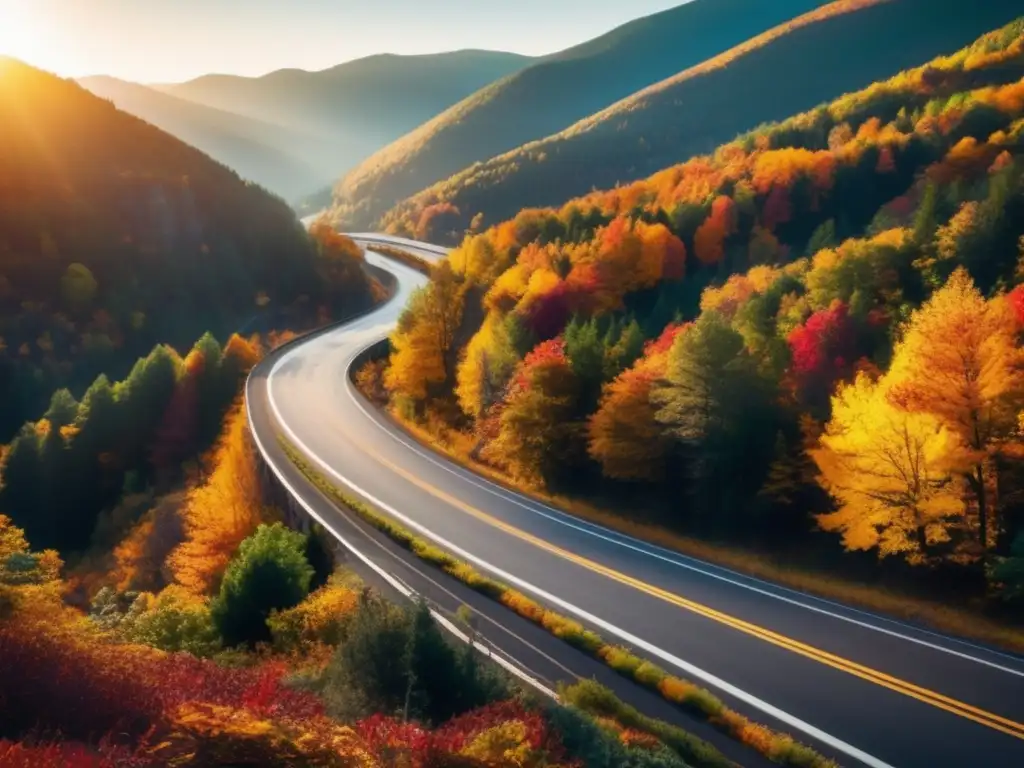 Un emocionante viaje en carretera entre montañas con follaje otoñal.</b> <b>La luz del sol ilumina el camino.</b> Consejos dieta cetogénica viajes carretera