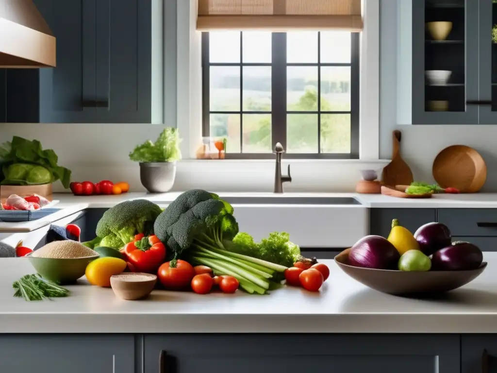 Una encantadora cocina con alimentos frescos y coloridos, representando una comparativa de la dieta cetogénica y Whole30.