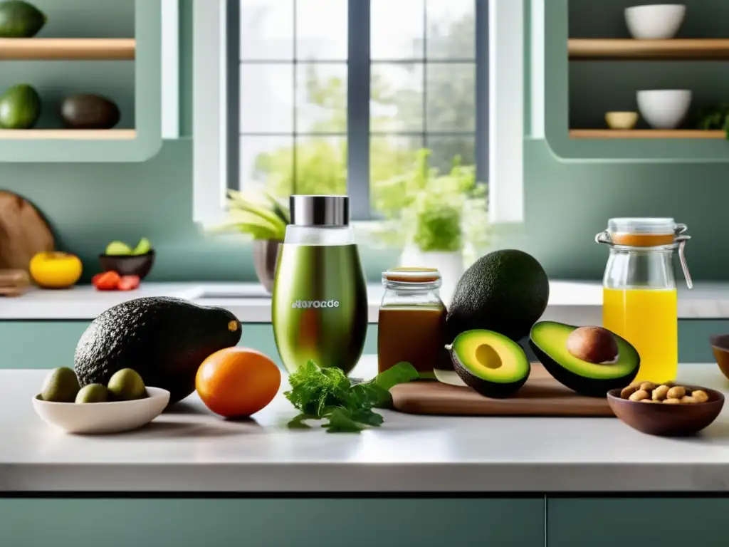 Una encantadora escena en la cocina con ingredientes coloridos y saludables para la dieta cetogénica y resiliencia psicológica.