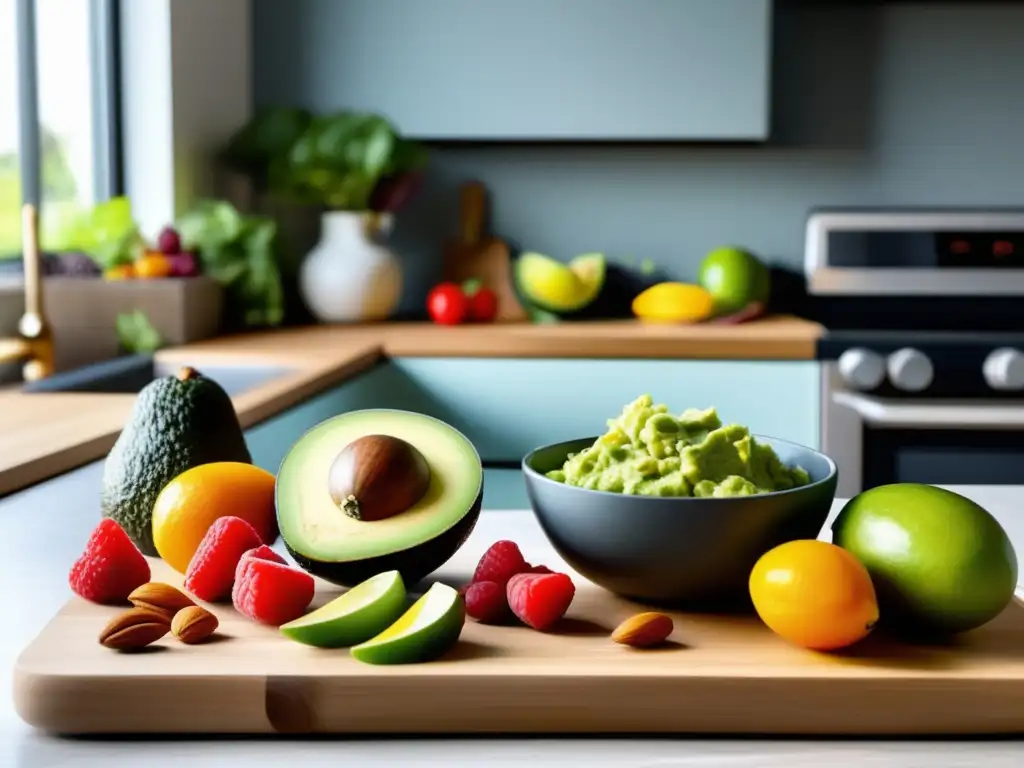 Una encantadora escena en la cocina con ingredientes saludables y coloridos que inspiran el fortalecimiento emocional con dieta cetogénica.