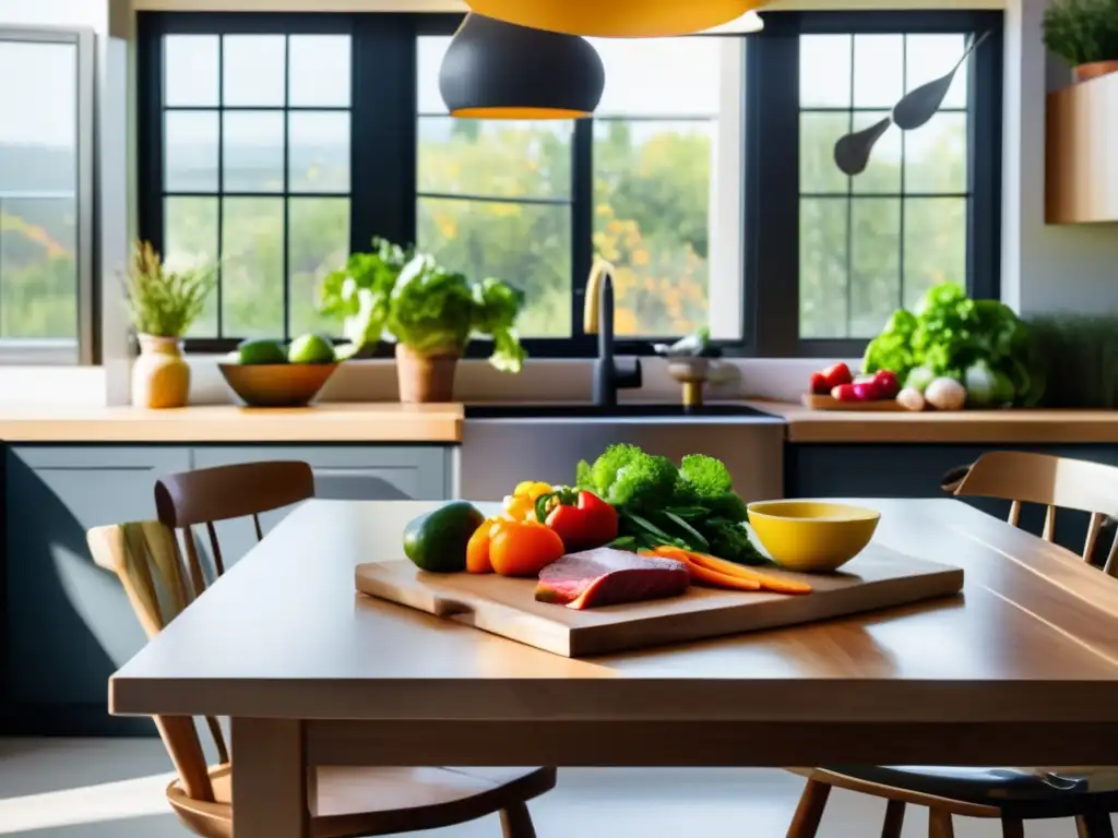 Un entorno de cocina moderna y serena con una mesa de madera y sillas, acompañado de una variedad de coloridas y frescas verduras, carnes magras y grasas saludables. La luz natural resalta los colores vibrantes de los alimentos, creando una atmósfera cálida y acogedora.