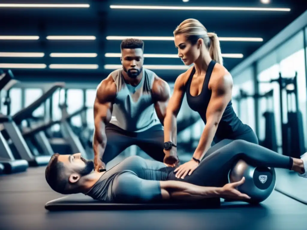 Un entrenador fitness guía a su cliente en un moderno gimnasio, destacando la efectividad de la dieta cetogénica en el entrenamiento deportivo.