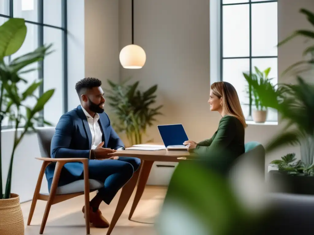 Una escena reconfortante en una consulta psicológica moderna, transmitiendo apoyo psicológico en dieta cetogénica con empatía y profesionalismo.