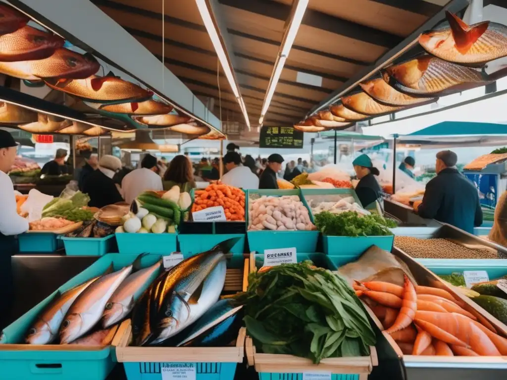 Una escena vibrante en un mercado de mariscos sostenible, destacando la conexión con la dieta cetogénica y pesca sostenible.