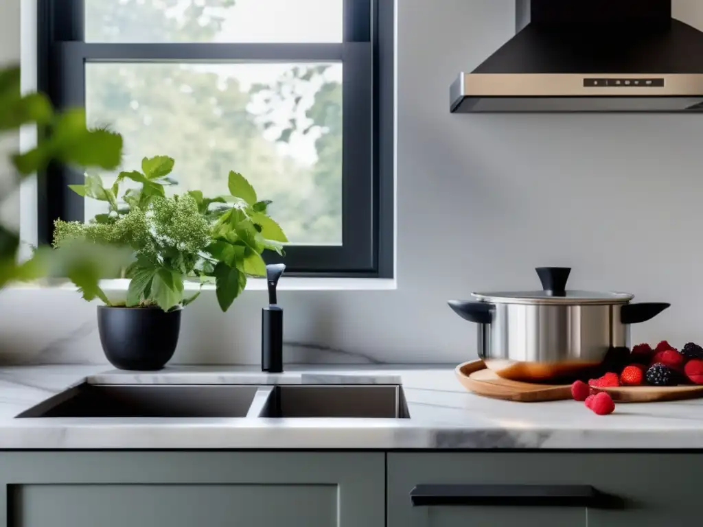 Un espacio de cocina minimalista y sereno con luz natural, frutas frescas y un ambiente relajante para aplicar técnicas para gestionar estrés cetosis.