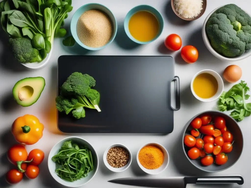 Un espacio de cocina organizado con herramientas indispensables para dieta cetogénica, resaltando la frescura y vitalidad de los ingredientes.