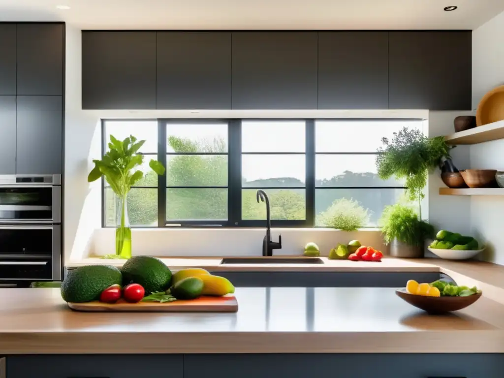 Un espacio de cocina sereno y luminoso con diseño moderno y minimalista. <b>Una hermosa exhibición de vegetales vibrantes y grasas saludables en una tabla de cortar de madera.</b> La imagen capta la esencia de una cocina limpia y organizada, y los ingredientes frescos y saludables que son fundamentales para mejorar el