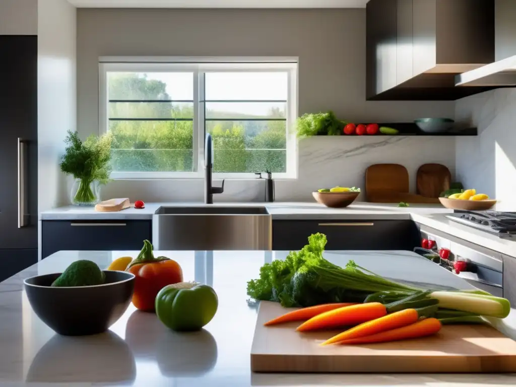 Un espacio sereno y moderno en una cocina con encimera de mármol y electrodomésticos de acero inoxidable. <b>Un tazón de verduras vibrantes y coloridas descansa en la encimera, mientras un cuchillo de chef y una tabla de cortar están dispuestos cerca.</b> La luz del sol entra por grandes