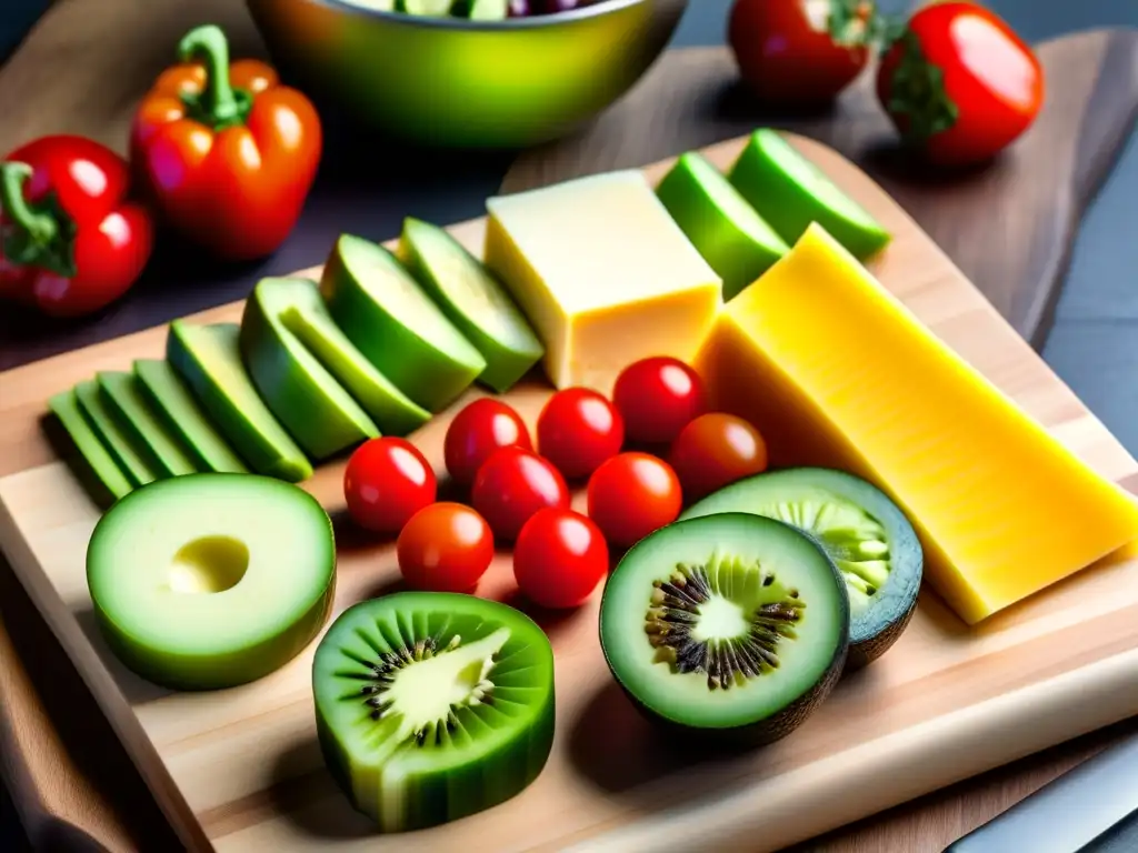 Un espectáculo de frescura y color en una tabla de cortar de madera, con ingredientes para recetas de snacks cetogénicos saludables.