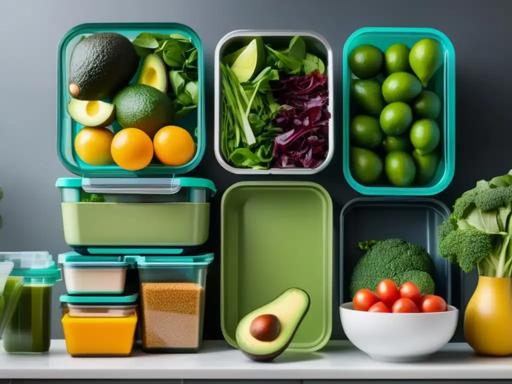 Una estación de preparación de comidas cetogénicas semanales, con ingredientes coloridos y organización meticulosa en un fondo minimalista.