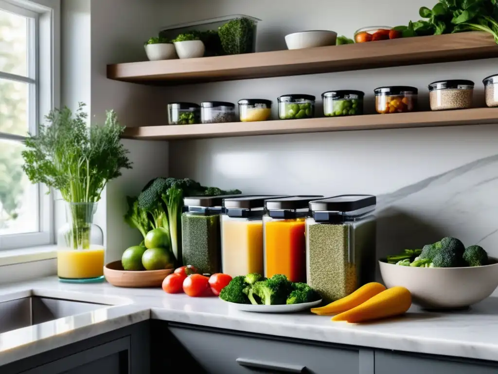 Una estación de preparación de comidas organizada y codificada por colores, con ingredientes frescos y saludables en contenedores de vidrio sobre una encimera de mármol. La luz natural resalta la aplicación práctica de la organización en la alimentación cetogénica.