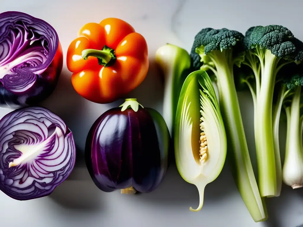 Un estallido de colores y texturas de verduras frescas, iluminadas por la luz natural en una cocina moderna. Superar la gripe keto