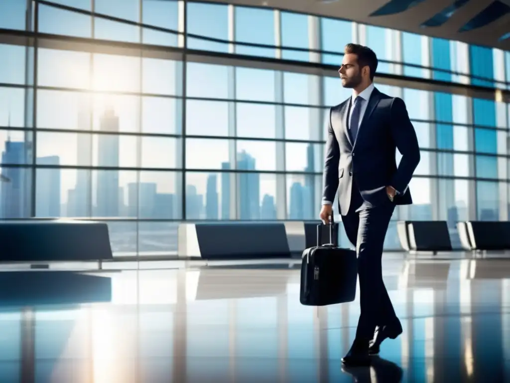 Un exitoso hombre de negocios en un elegante traje y corbata, de pie con confianza en una terminal de aeropuerto, con una moderna ciudad de fondo a través de las ventanas de piso a techo. Sostiene un elegante maletín profesional en una mano y un teléfono móvil en la otra