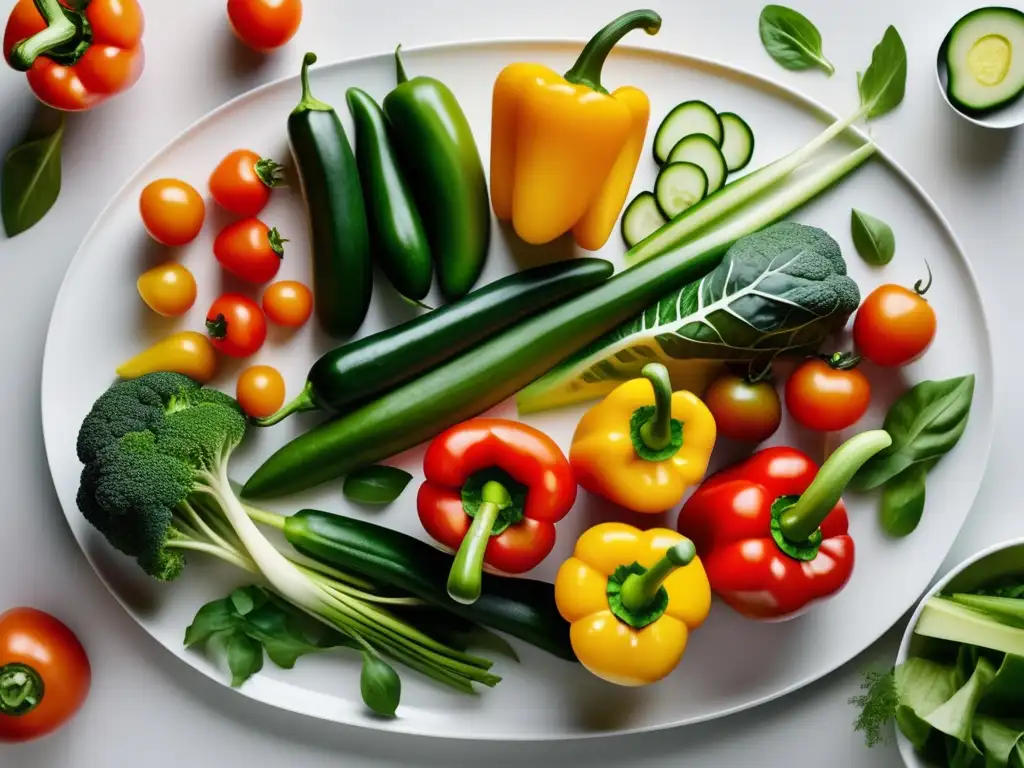 Una explosión de colores frescos y vibrantes: pimientos, verduras, tomates y pepinos, dispuestos en un patrón artístico sobre una elegante fuente blanca. Una exhibición visualmente impresionante que resalta la belleza y variedad de alimentos no procesados, fundamentales en una dieta cetogénica