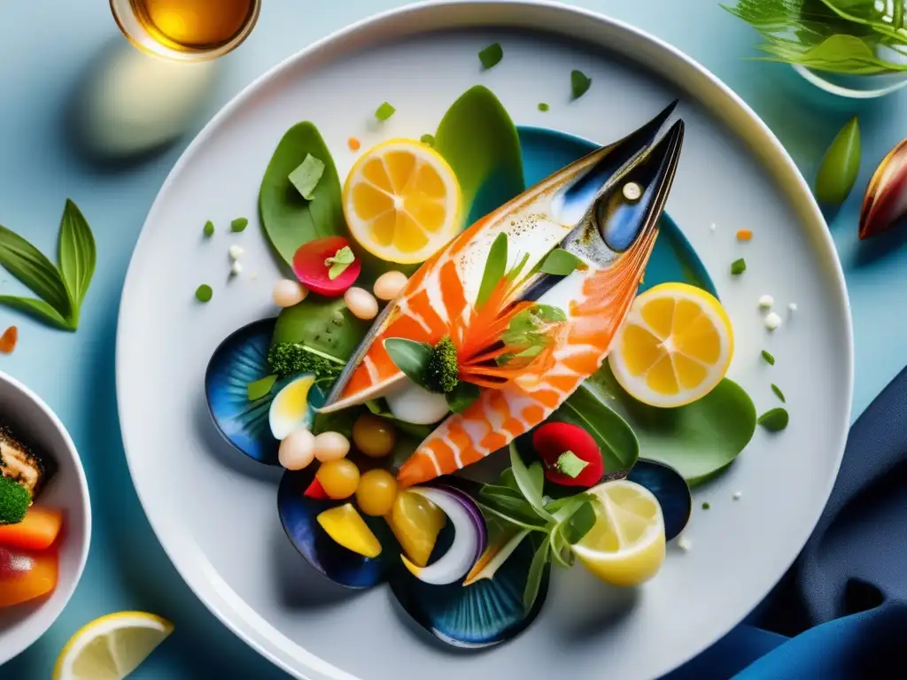 Una exquisita y artística creación cetogénica internacional, repleta de mariscos frescos y vegetales vibrantes, sobre un plato blanco minimalista. El fondo azul del océano realza su belleza, capturando la esencia de las recetas cetogénicas internacionales fáciles.