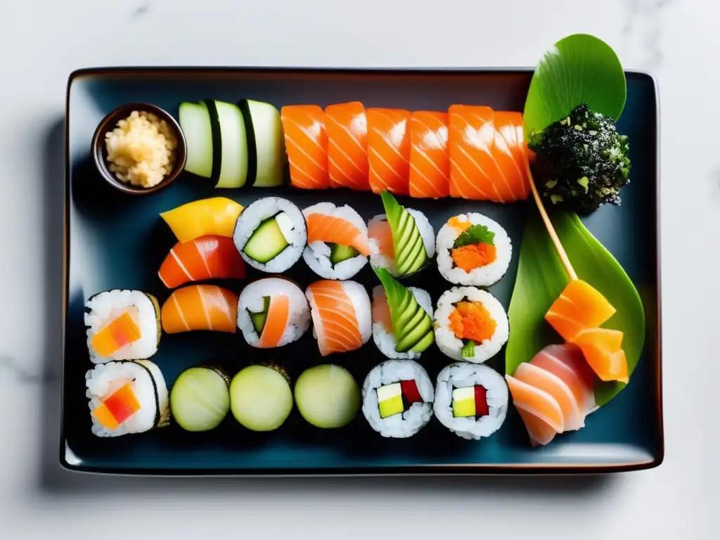 Una exquisita bandeja de sushi con alternativas bajas en carbohidratos, como rolls de arroz de coliflor y sashimi, exhibe sofisticación moderna.