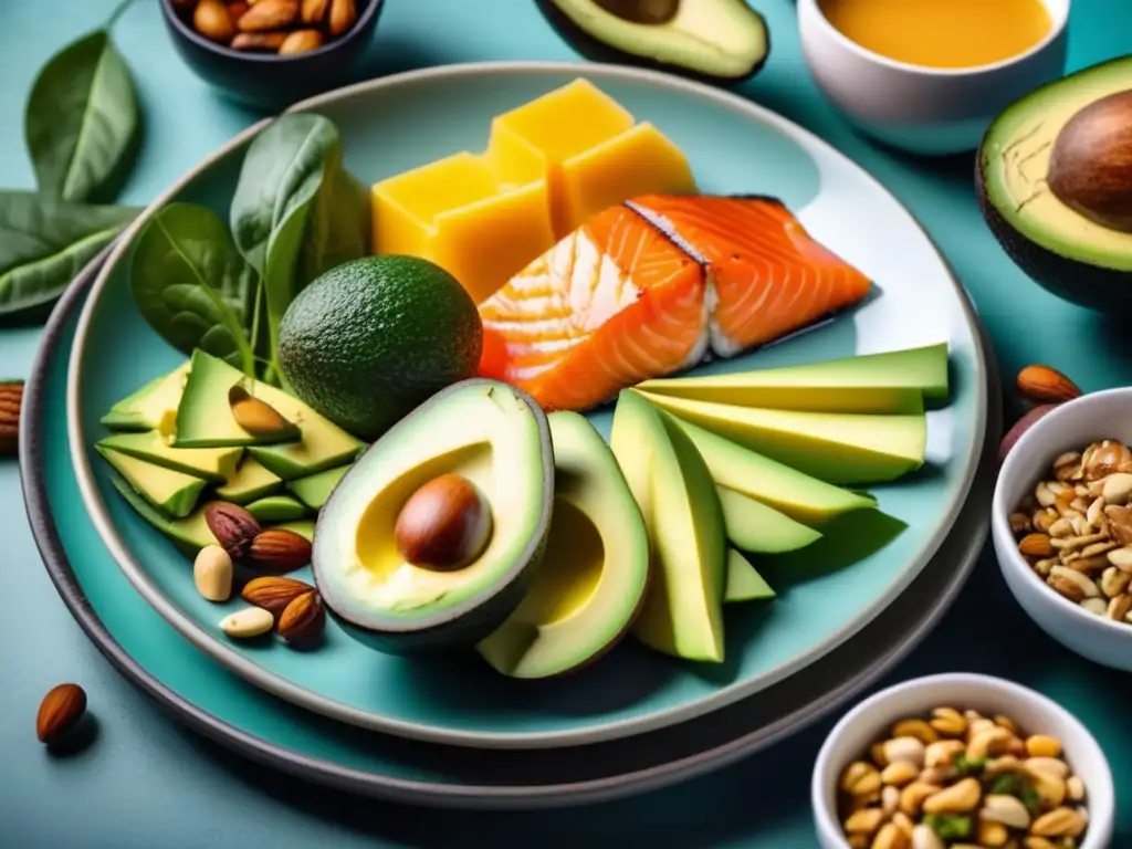 Una exquisita y colorida composición de alimentos cetogénicos, resaltando frescura y vitalidad para un efecto dieta cetogénica sistema endocrino.