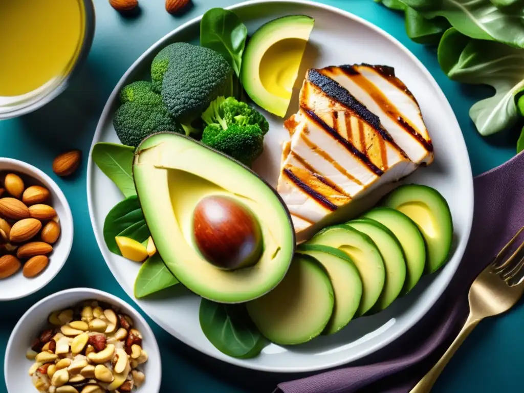 Una exquisita y colorida composición de alimentos cetogénicos para la dieta cetogénica y la epilepsia.