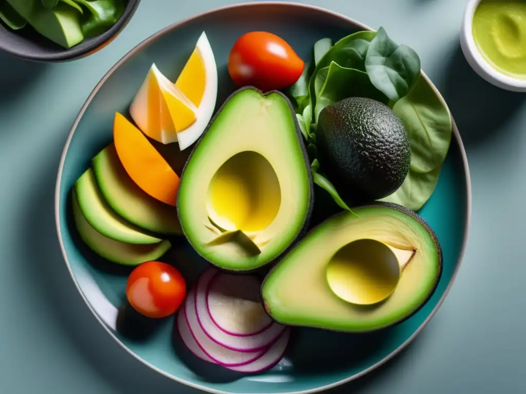 Una exquisita y colorida obra de arte culinaria cetogénica para deportistas, con ingredientes vibrantes y armoniosamente dispuestos.