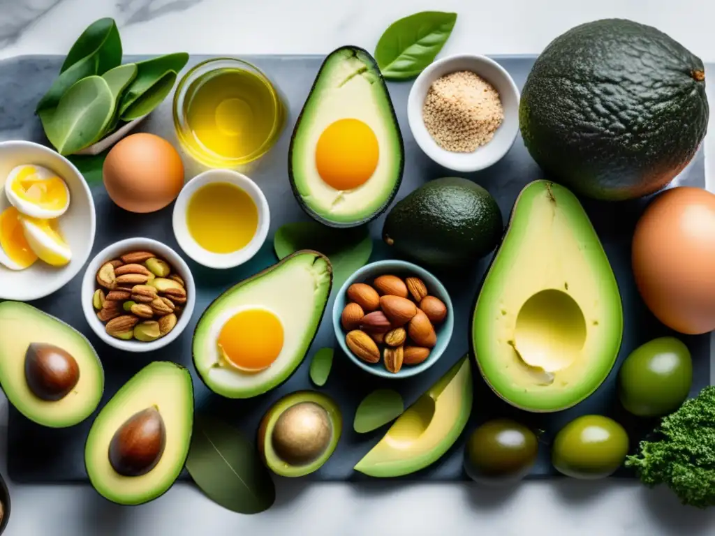 Una exquisita y colorida variedad de alimentos cetogénicos, meticulosamente organizados, que evita errores comunes en la dieta cetogénica.