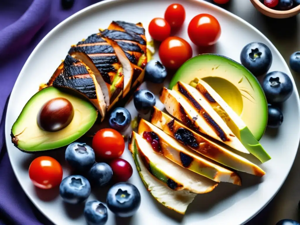 Una exquisita combinación de alimentos cetogénicos frescos y coloridos en un elegante plato blanco, que realza la salud inmunológica.