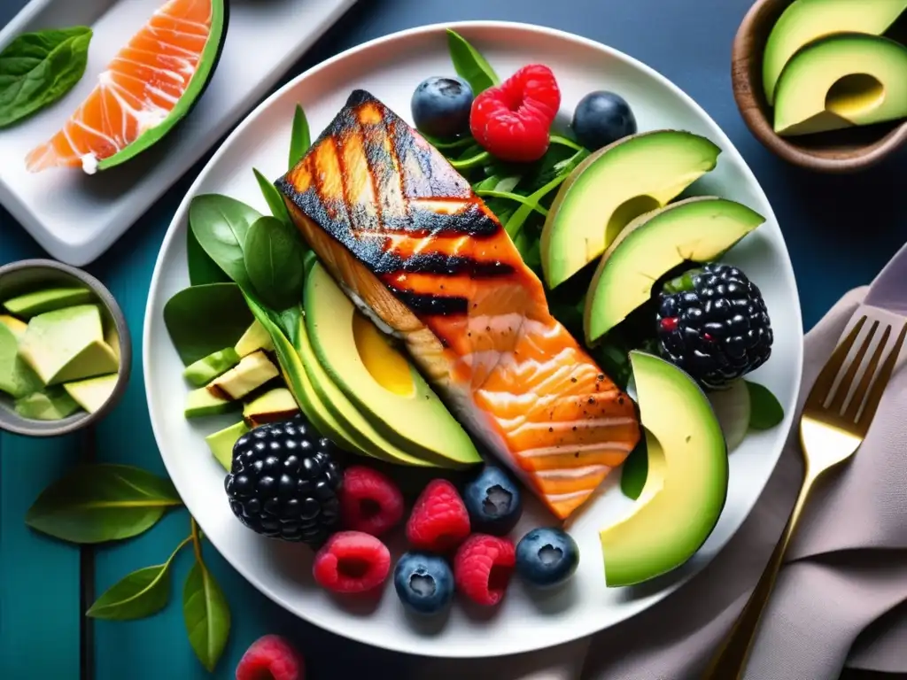 Una exquisita combinación de alimentos saludables y coloridos en un plato, ideal para ganar músculo en cetosis.