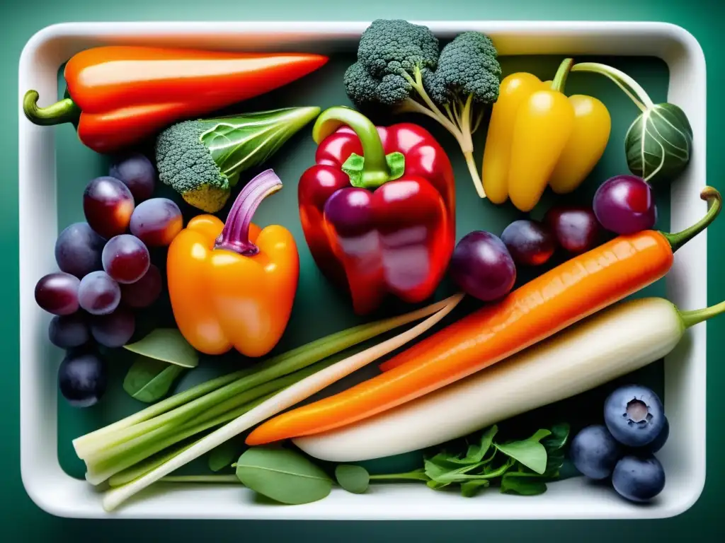 Una exquisita combinación de frutas y verduras frescas, resaltando la importancia de las vitaminas y minerales en la dieta cetogénica.